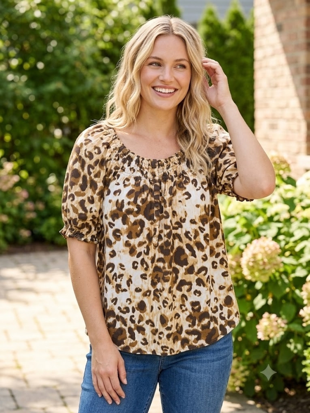 Mob Wife Leopard Print Peasant Blouse Snap Front Boho Top